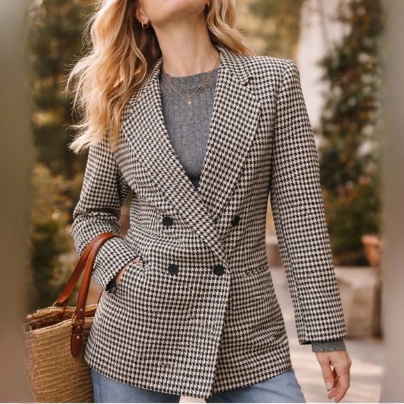 Requirements Jackets & Blazers - Vintage 1980s Requirements Black White Houndstooth Wool Blend Lined Blazer Sz 12